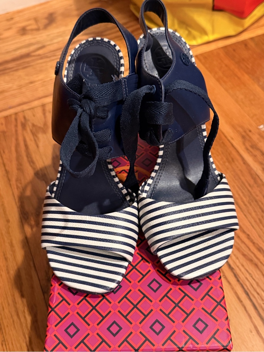 Tory Burch Navy and White Striped Wedge Sandals